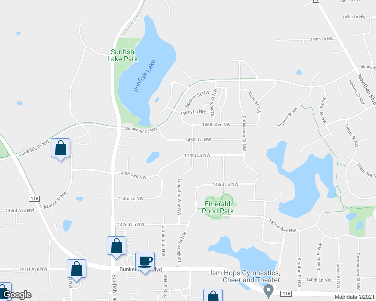 map of restaurants, bars, coffee shops, grocery stores, and more near 6121 144th Lane Northwest in Ramsey
