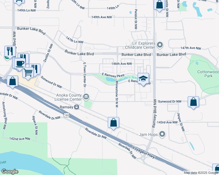 map of restaurants, bars, coffee shops, grocery stores, and more near 14450 Rhinestone Street North West in Ramsey