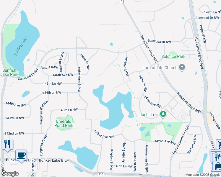 map of restaurants, bars, coffee shops, grocery stores, and more near 5771 145th Court Northwest in Ramsey