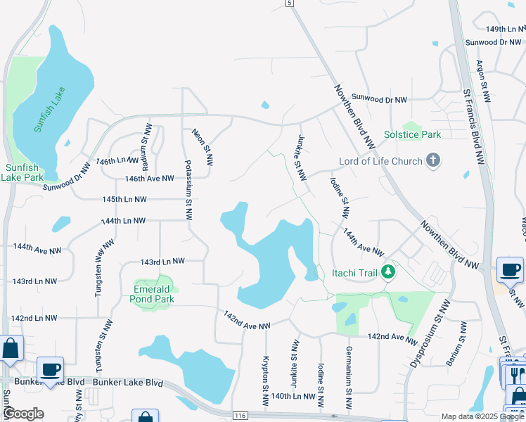 map of restaurants, bars, coffee shops, grocery stores, and more near 5771 145th Court Northwest in Ramsey