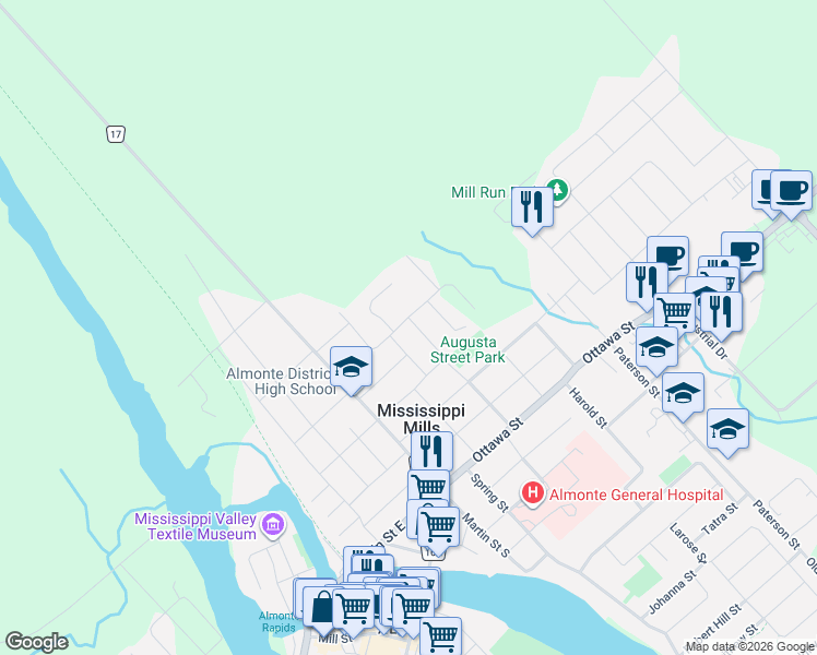 map of restaurants, bars, coffee shops, grocery stores, and more near 192 Adelaide Street in Mississippi Mills