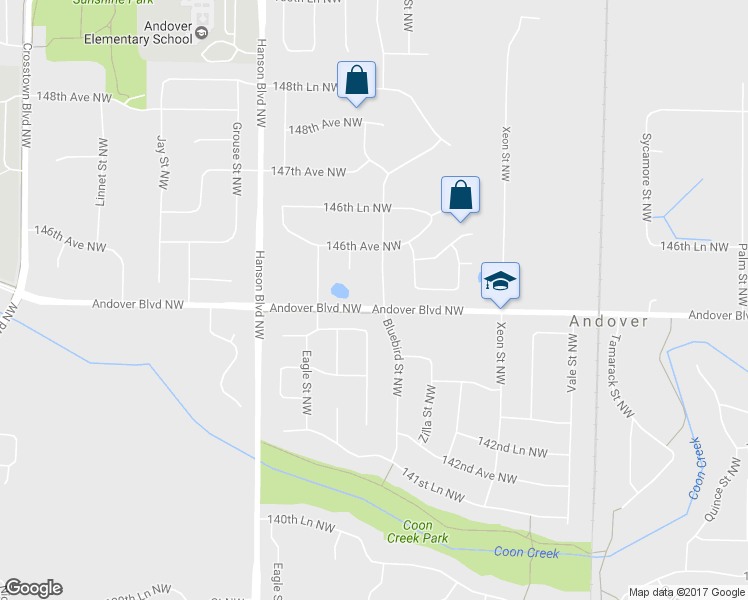 map of restaurants, bars, coffee shops, grocery stores, and more near 1415 Andover Boulevard Northwest in Andover