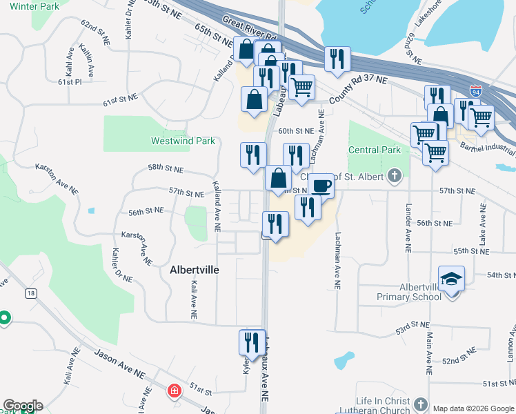 map of restaurants, bars, coffee shops, grocery stores, and more near 11023 57th Street Northeast in Albertville