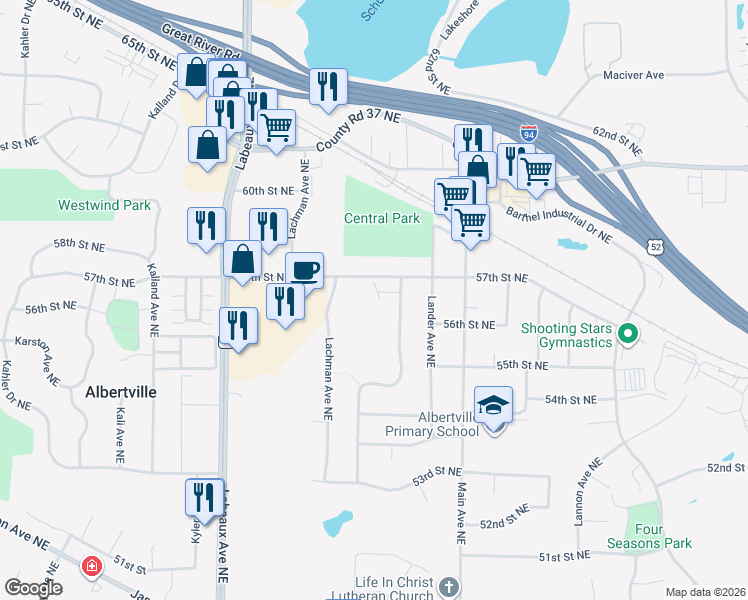 map of restaurants, bars, coffee shops, grocery stores, and more near 5663 Lambert Avenue Northeast in Albertville