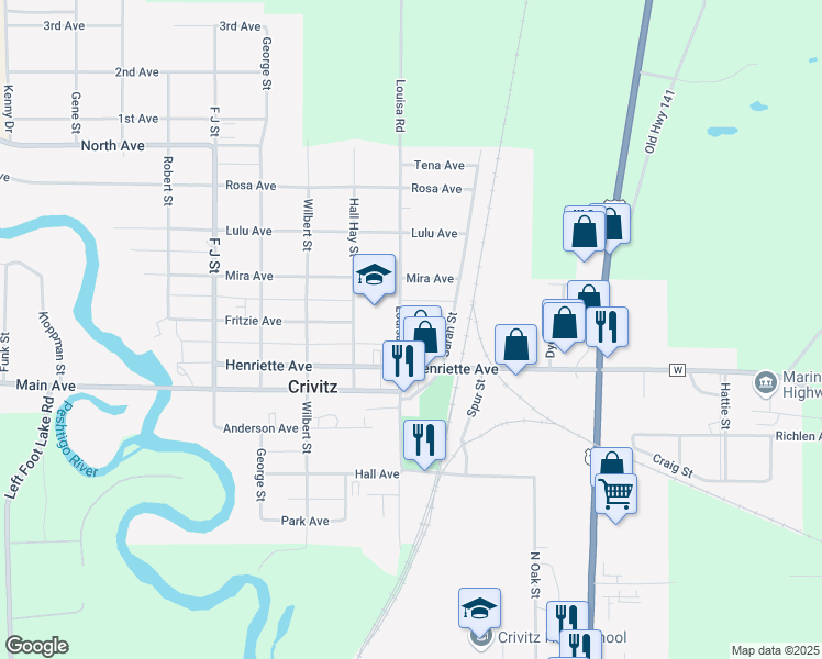 map of restaurants, bars, coffee shops, grocery stores, and more near 718 Louisa Street in Crivitz
