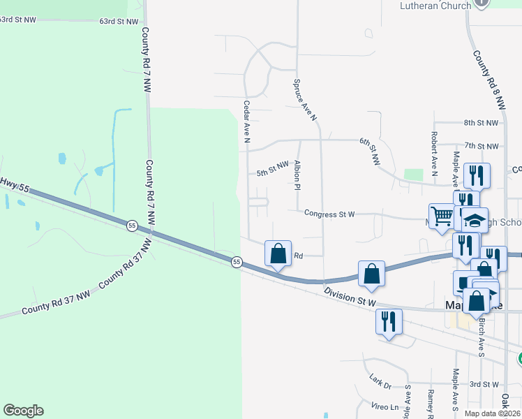 map of restaurants, bars, coffee shops, grocery stores, and more near 410 Cedar Place in Maple Lake