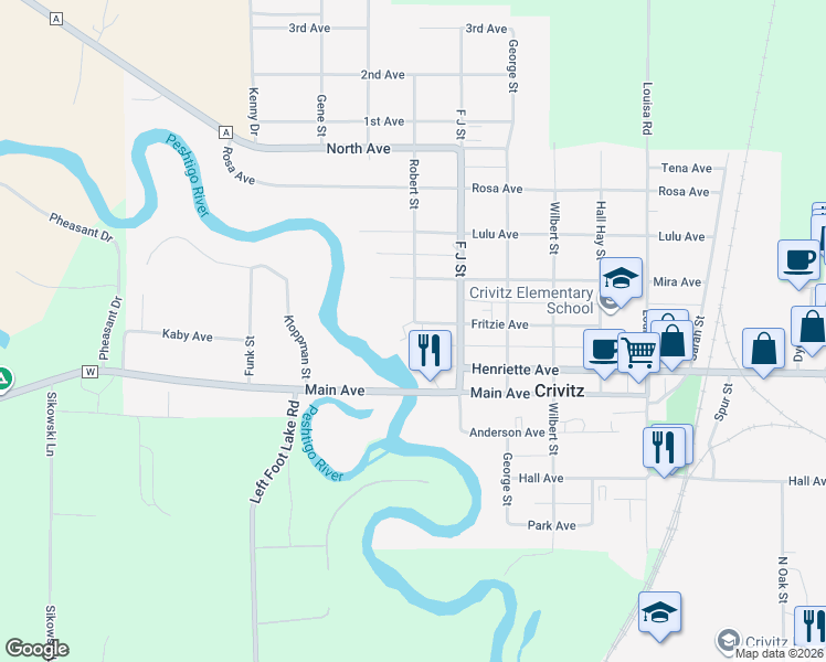 map of restaurants, bars, coffee shops, grocery stores, and more near 1101 Fritzie Avenue in Crivitz