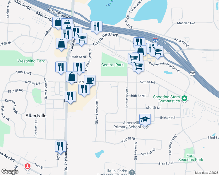 map of restaurants, bars, coffee shops, grocery stores, and more near 5663 Lambert Avenue Northeast in Albertville