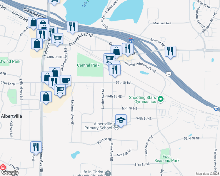 map of restaurants, bars, coffee shops, grocery stores, and more near 5695 Main Avenue Northeast in Albertville