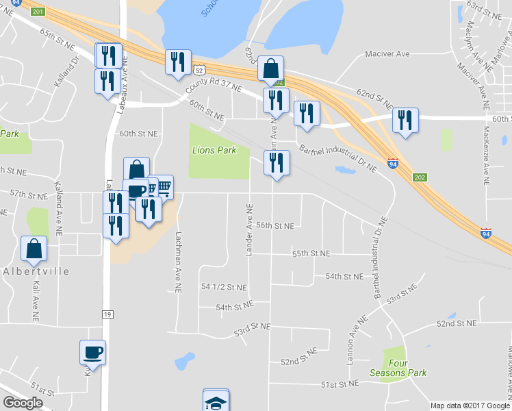 map of restaurants, bars, coffee shops, grocery stores, and more near 5695 Main Avenue Northeast in Albertville