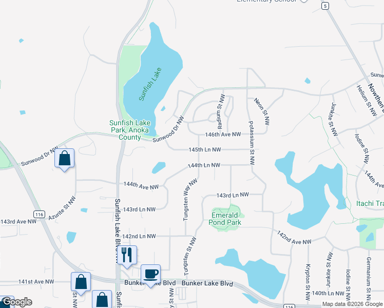 map of restaurants, bars, coffee shops, grocery stores, and more near 6120 145th Lane Northwest in Ramsey