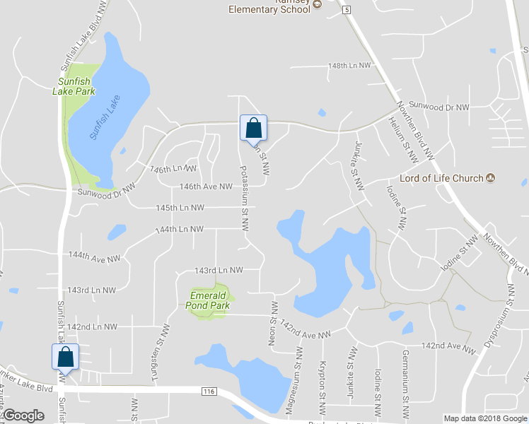 map of restaurants, bars, coffee shops, grocery stores, and more near 5930 145th Lane Northwest in Ramsey