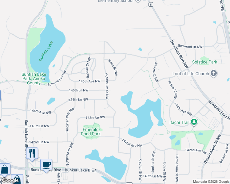 map of restaurants, bars, coffee shops, grocery stores, and more near 5930 145th Lane Northwest in Ramsey