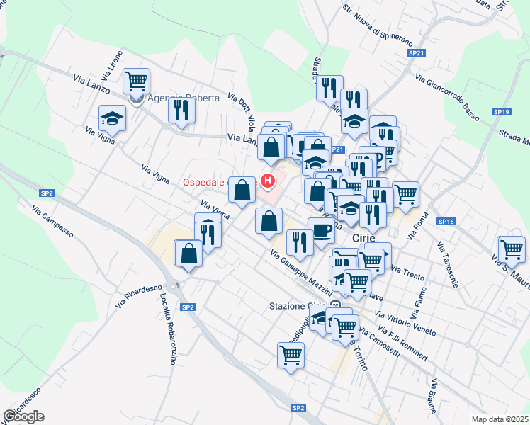 map of restaurants, bars, coffee shops, grocery stores, and more near 14 Via Buratto in Ciriè