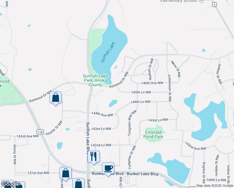 map of restaurants, bars, coffee shops, grocery stores, and more near 6180 145th Lane Northwest in Ramsey