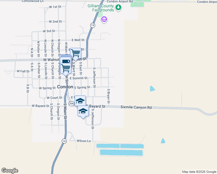 map of restaurants, bars, coffee shops, grocery stores, and more near South Bryan Street in Condon