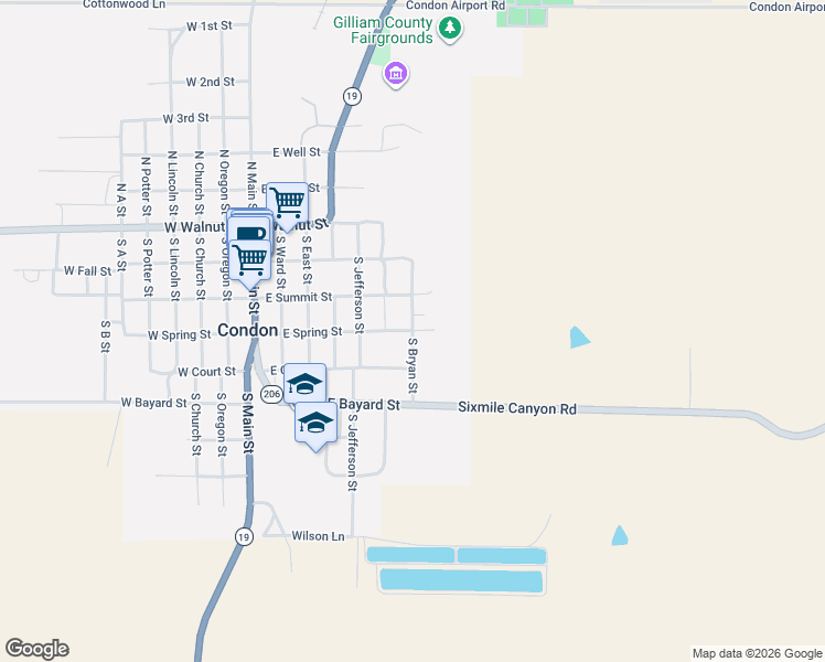 map of restaurants, bars, coffee shops, grocery stores, and more near South Bryan Street in Condon