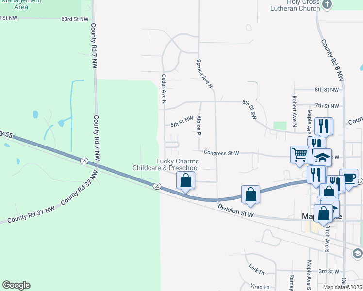 map of restaurants, bars, coffee shops, grocery stores, and more near 424 Cedar Place in Maple Lake