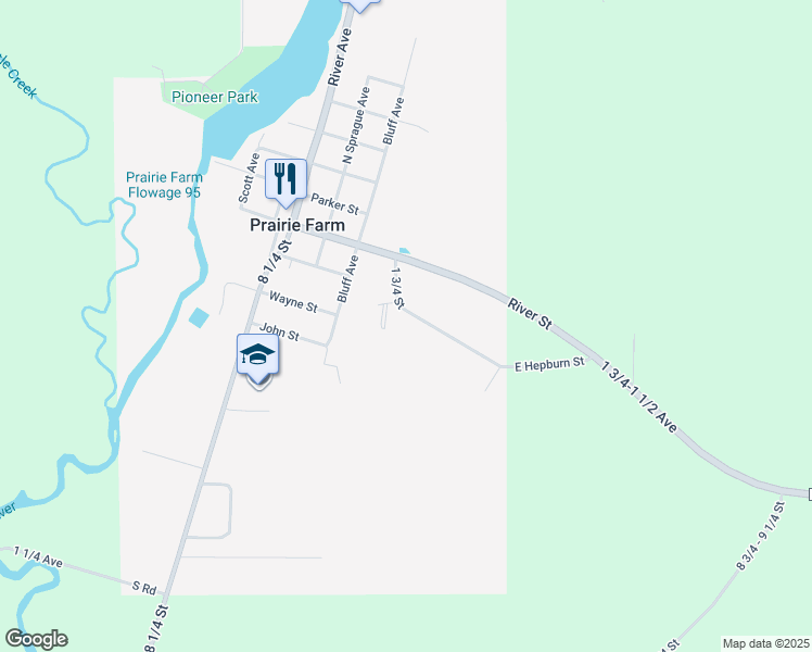 map of restaurants, bars, coffee shops, grocery stores, and more near 500 East Hepburn Street in Prairie Farm