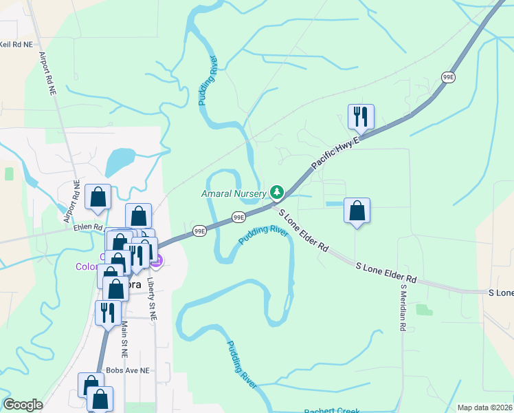 map of restaurants, bars, coffee shops, grocery stores, and more near 5601 South Anderson Road in Aurora