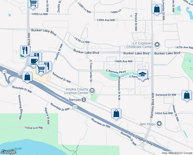 map of restaurants, bars, coffee shops, grocery stores, and more near 14515 Town Center Drive East Northwest in Ramsey