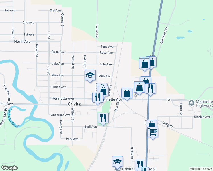 map of restaurants, bars, coffee shops, grocery stores, and more near 502 Fritzie Avenue in Crivitz