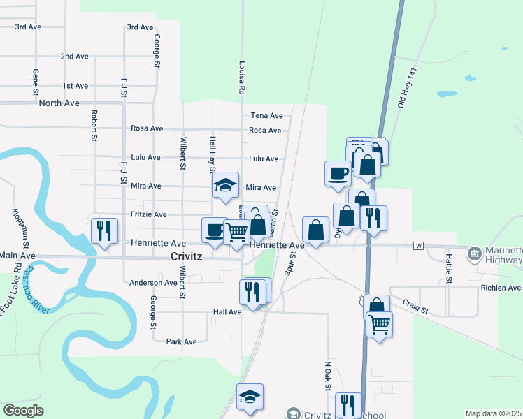 map of restaurants, bars, coffee shops, grocery stores, and more near 718 Louisa Street in Crivitz