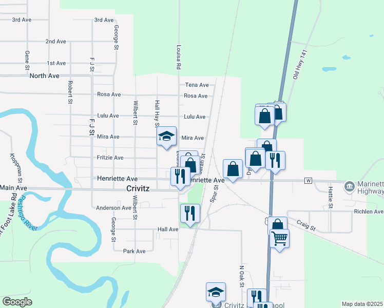 map of restaurants, bars, coffee shops, grocery stores, and more near 718 Louisa Street in Crivitz