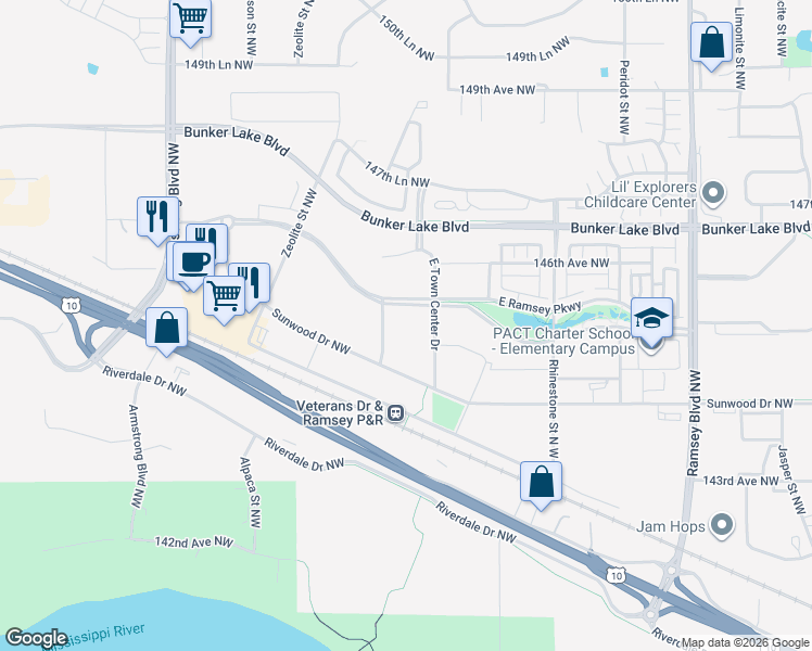 map of restaurants, bars, coffee shops, grocery stores, and more near 14529 Willemite Street Northwest in Ramsey