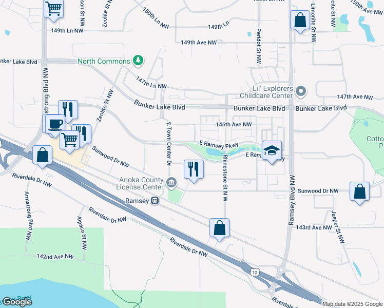 map of restaurants, bars, coffee shops, grocery stores, and more near 14450 Rhinestone Street North West in Ramsey