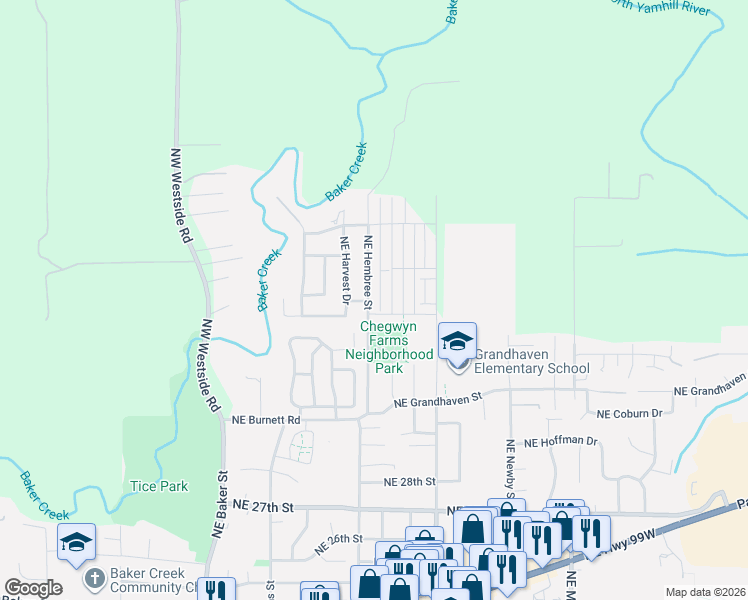 map of restaurants, bars, coffee shops, grocery stores, and more near 3500 Northeast Hembree Street in McMinnville