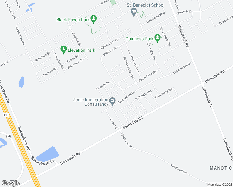 map of restaurants, bars, coffee shops, grocery stores, and more near 342 Raheen Court in Ottawa