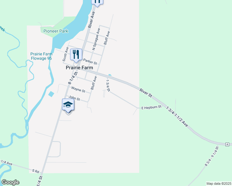 map of restaurants, bars, coffee shops, grocery stores, and more near 500 East Hepburn Street in Prairie Farm