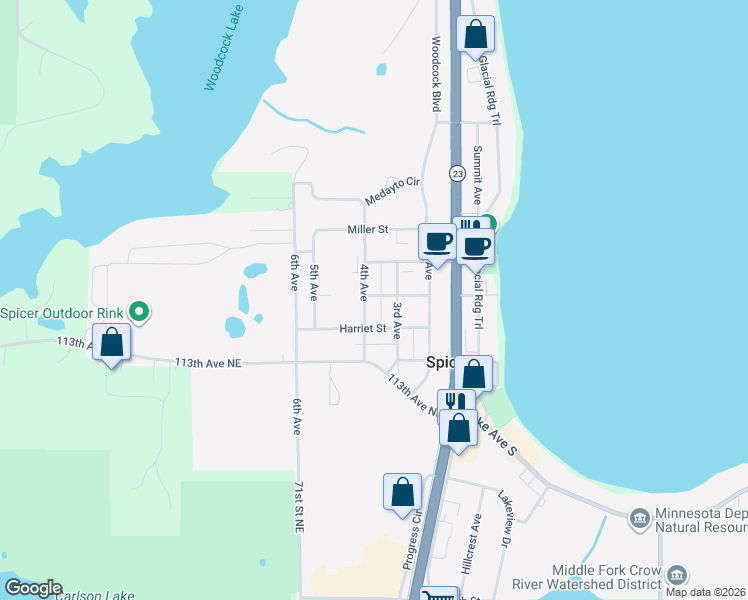 map of restaurants, bars, coffee shops, grocery stores, and more near 146 3rd Avenue in Spicer