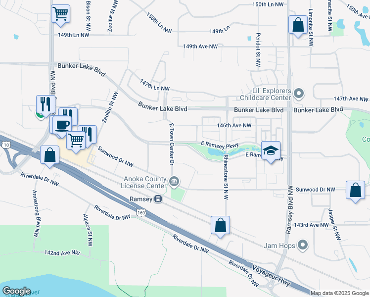 map of restaurants, bars, coffee shops, grocery stores, and more near E Ramsey Pkwy in Ramsey