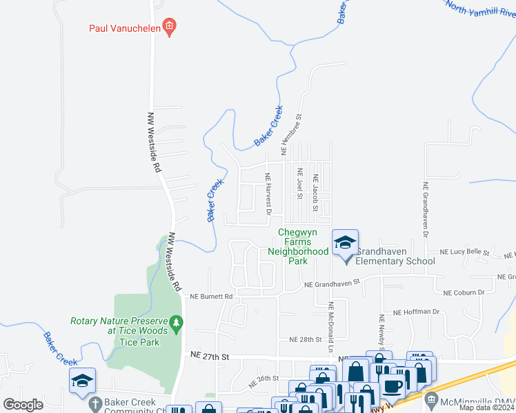 map of restaurants, bars, coffee shops, grocery stores, and more near 3548 Northeast Golden Leaf Lane in McMinnville