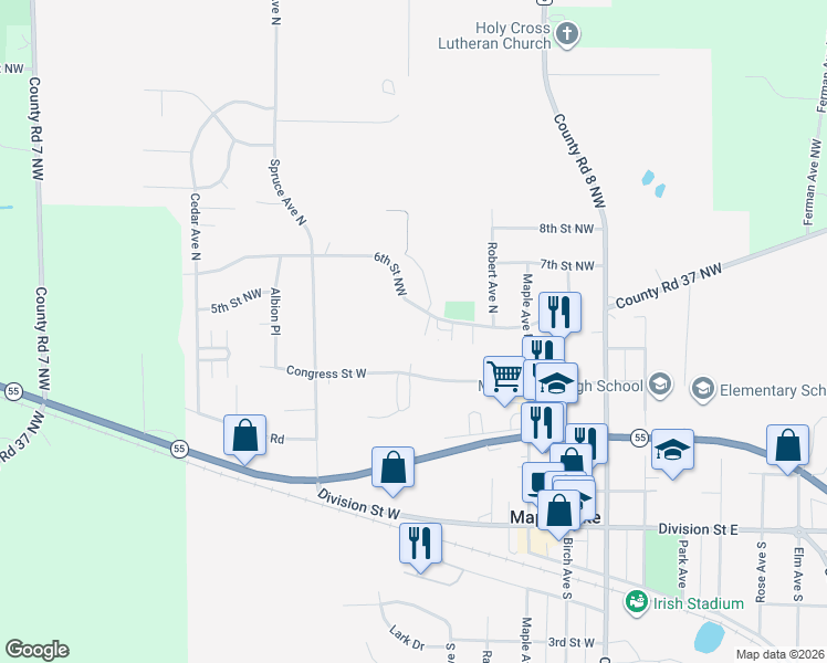 map of restaurants, bars, coffee shops, grocery stores, and more near 503 6th Street Northwest in Maple Lake