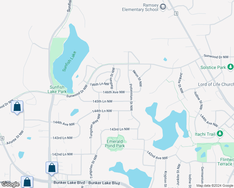 map of restaurants, bars, coffee shops, grocery stores, and more near 6034 146th Avenue Northwest in Ramsey