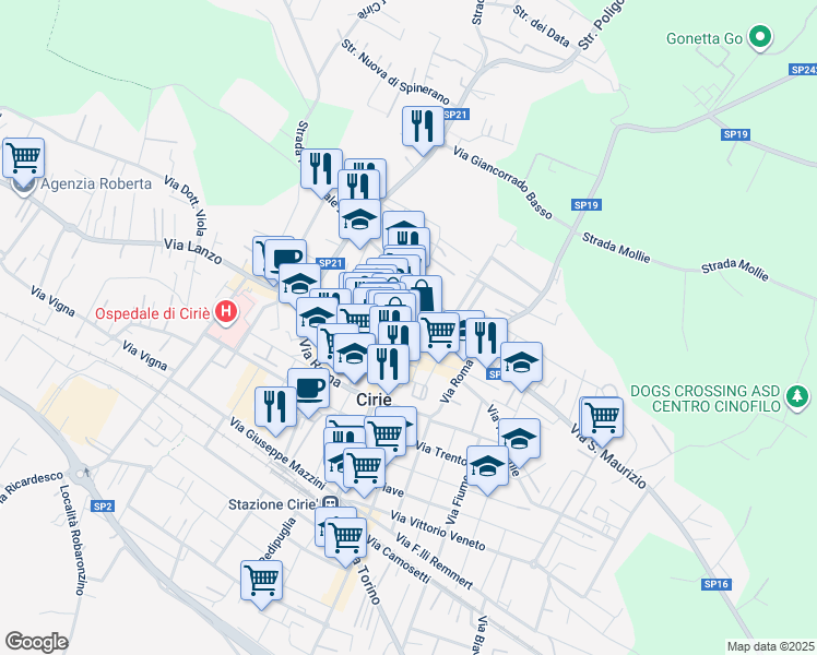 map of restaurants, bars, coffee shops, grocery stores, and more near 29 Piazza Castello in Ciriè