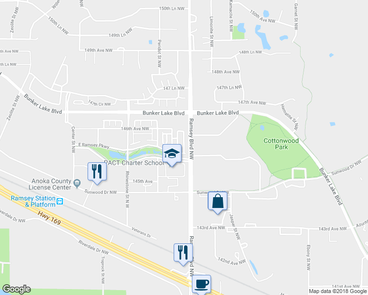map of restaurants, bars, coffee shops, grocery stores, and more near 14565 Olivine Terrace Northwest in Anoka