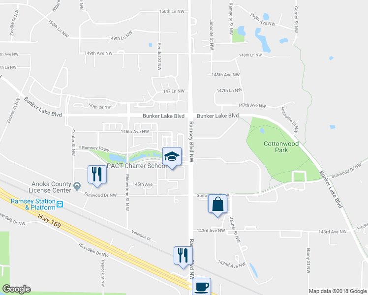 map of restaurants, bars, coffee shops, grocery stores, and more near 14591 Olivine Terrace Northwest in Anoka