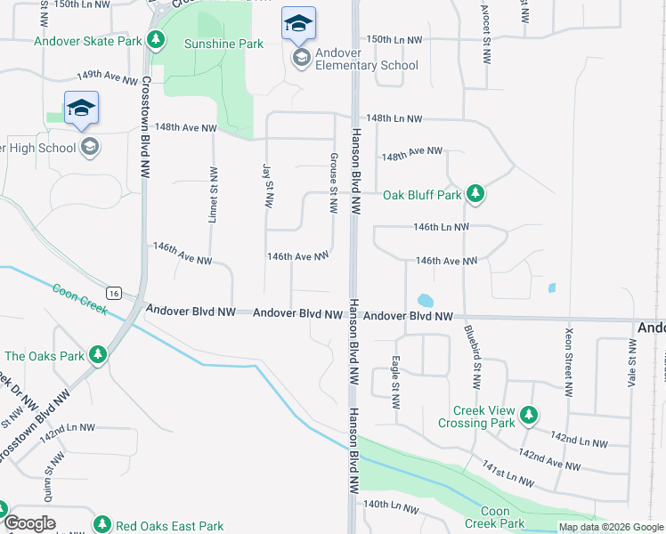 map of restaurants, bars, coffee shops, grocery stores, and more near 1654 146th Avenue Northwest in Andover