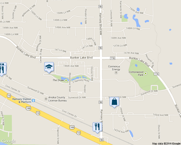 map of restaurants, bars, coffee shops, grocery stores, and more near 14594 Olivine Street Northwest in Ramsey
