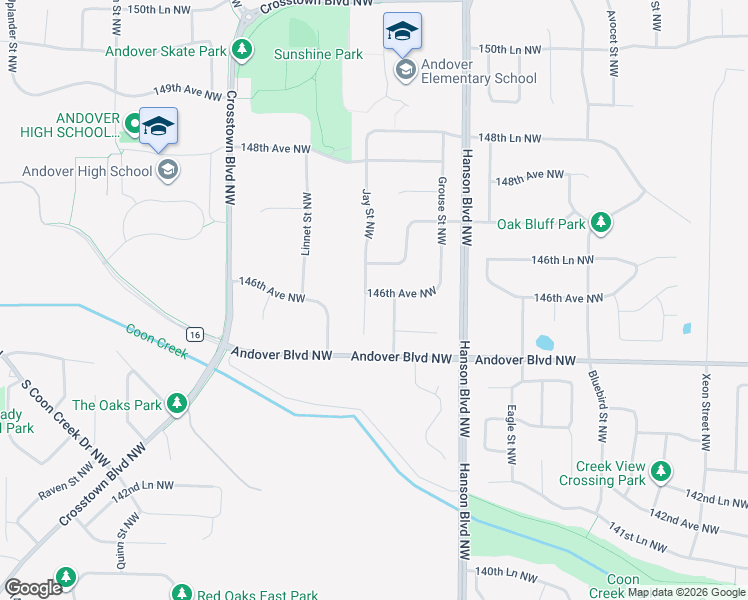 map of restaurants, bars, coffee shops, grocery stores, and more near 14591 Jay Street Northwest in Andover