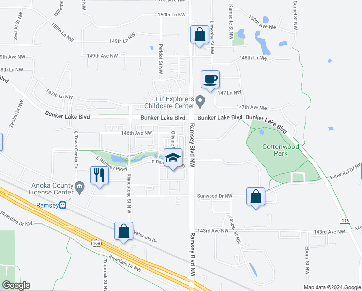 map of restaurants, bars, coffee shops, grocery stores, and more near 14595 Olivine Way Northwest in Ramsey