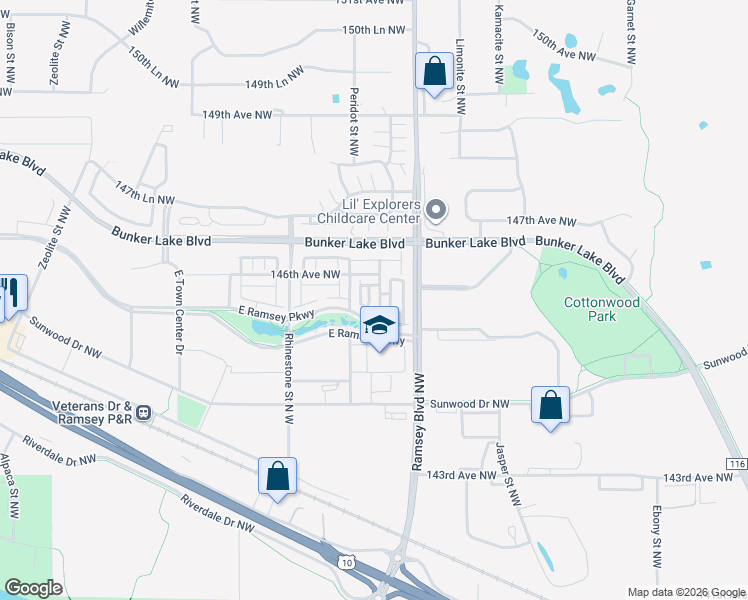 map of restaurants, bars, coffee shops, grocery stores, and more near 14596 Olivine Street Northwest in Ramsey