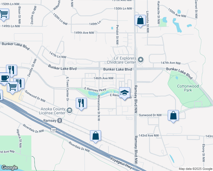 map of restaurants, bars, coffee shops, grocery stores, and more near 7352 145th Place Northwest in Ramsey