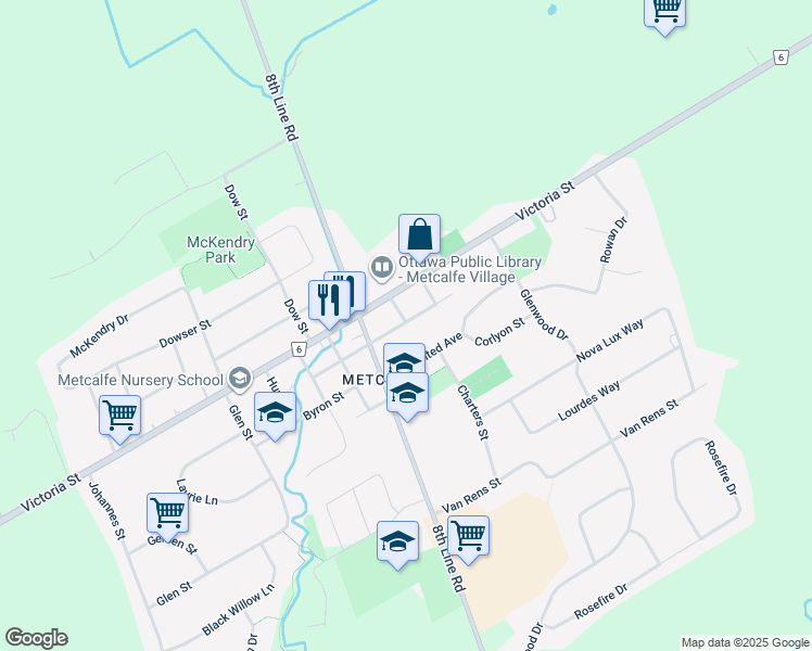 map of restaurants, bars, coffee shops, grocery stores, and more near 8250 Lloyd Graham Avenue in Embrun