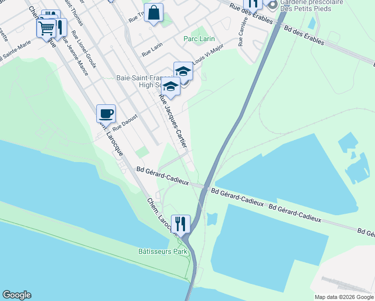 map of restaurants, bars, coffee shops, grocery stores, and more near 503 Rue Jacques-Cartier in Salaberry-de-Valleyfield