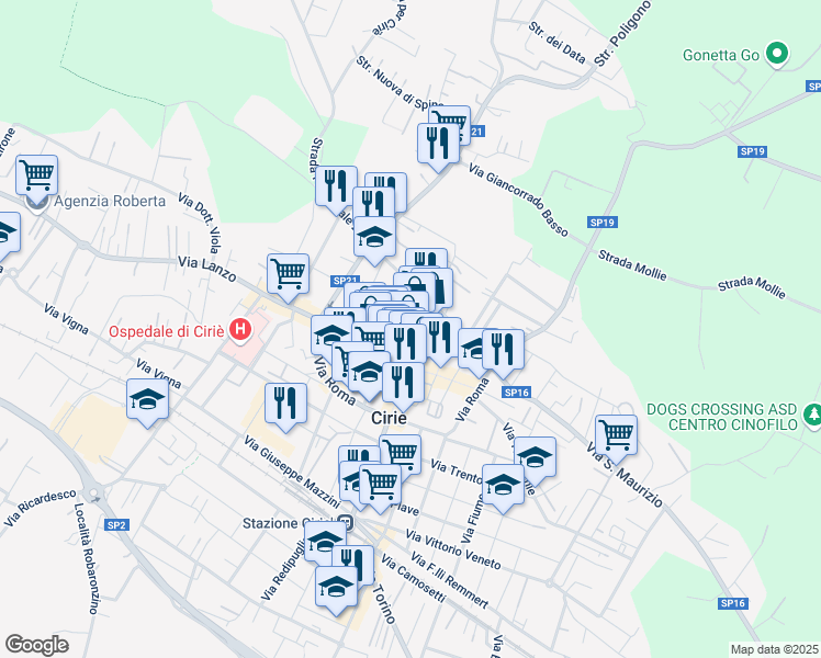 map of restaurants, bars, coffee shops, grocery stores, and more near 29 Piazza Castello in Ciriè